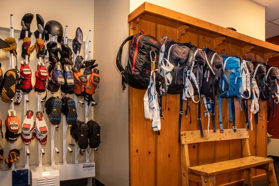Ski and boot room with guests’ gear at the Tsaina Lodge